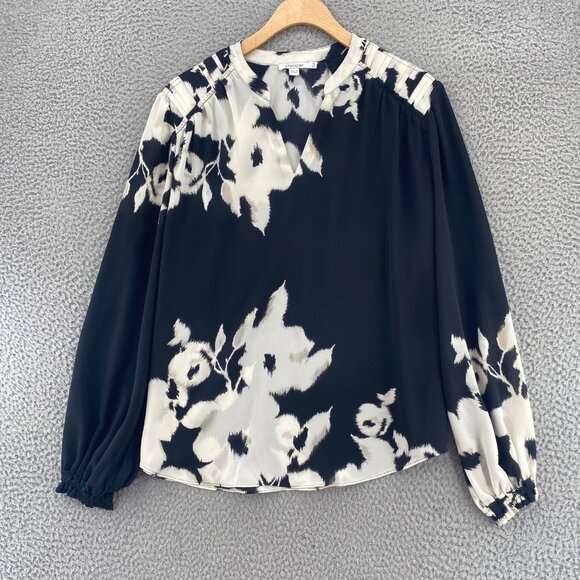 Chico's Tops - Chicos Top Womens 1.5 US Medium Ivory Black Floral Pintuck Balloon Long Sleeve